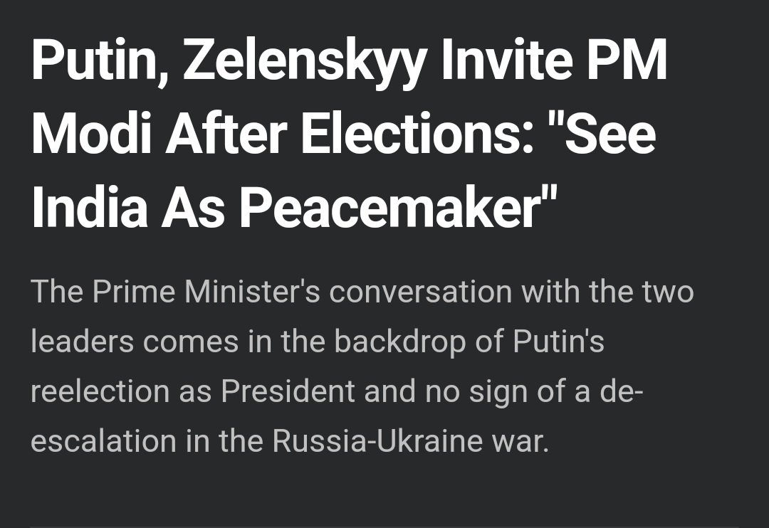 @Gabbar0099 Dont forget Modi is leaded G20 and requested for Peace between all countries by promoting One World One Earth Ome Family. 
Both Ukraine & Russian President invited Modi after elections as they think Modi is peace- maker. 
Meloni also invited Modi for G7 Summit in June 2024