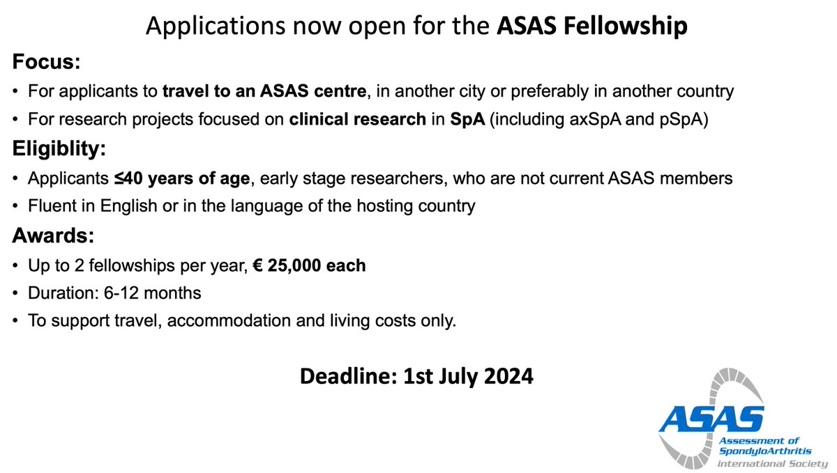 Applications are open for the ASAS fellowship! For: early stage clinical researchers in spondyloarthritis. Supports accomodation and travel to an ASAS centre (in another city, or preferably another country). Due 1 July. asas-group.org/research/asas-…