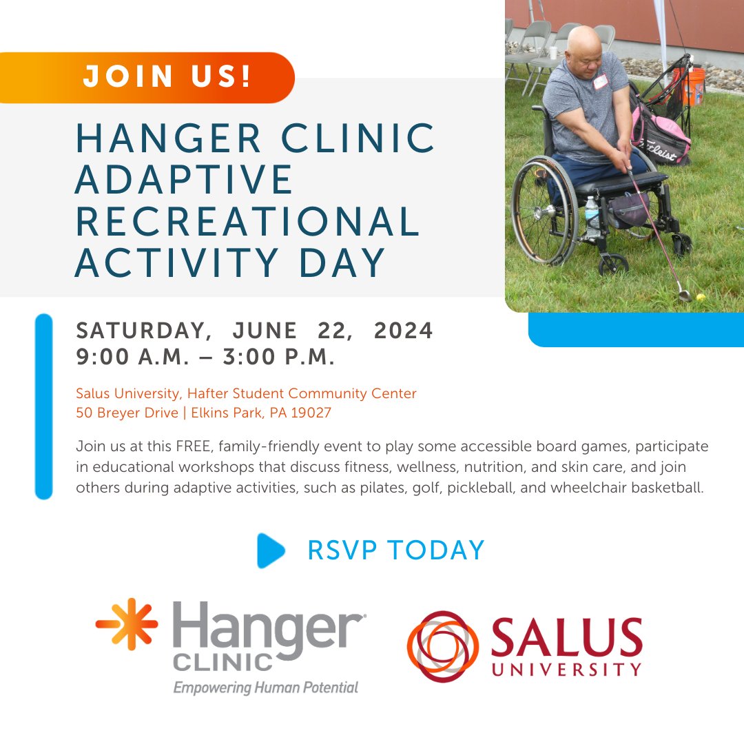 Join us for the third annual Adaptive Recreational Activity Day! Anyone with limb loss or orthotic bracing needs as well as their supportive family and friends are invited to attend. 

Register: ow.ly/e1CU50Rxrbc

#salusuniversity #orthotics #prosthetics #communityoutreach