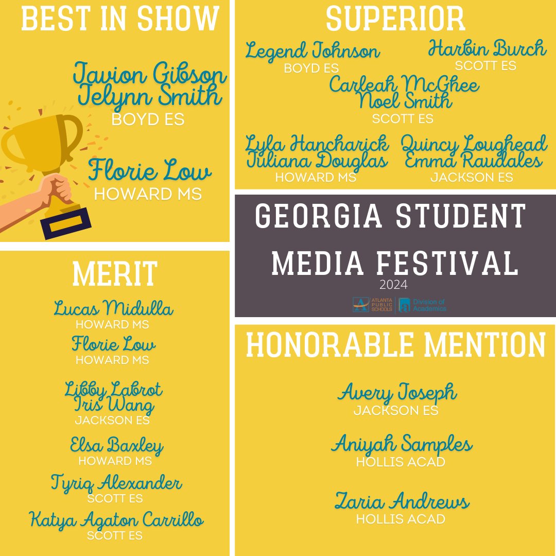 Congratulations to our @apsupdate students who participated in the #GeorgiaStudentMediaFestival We are proud to have 2 projects selected as BEST IN SHOW! We are proud of all the students who entered projects in this year's competition.