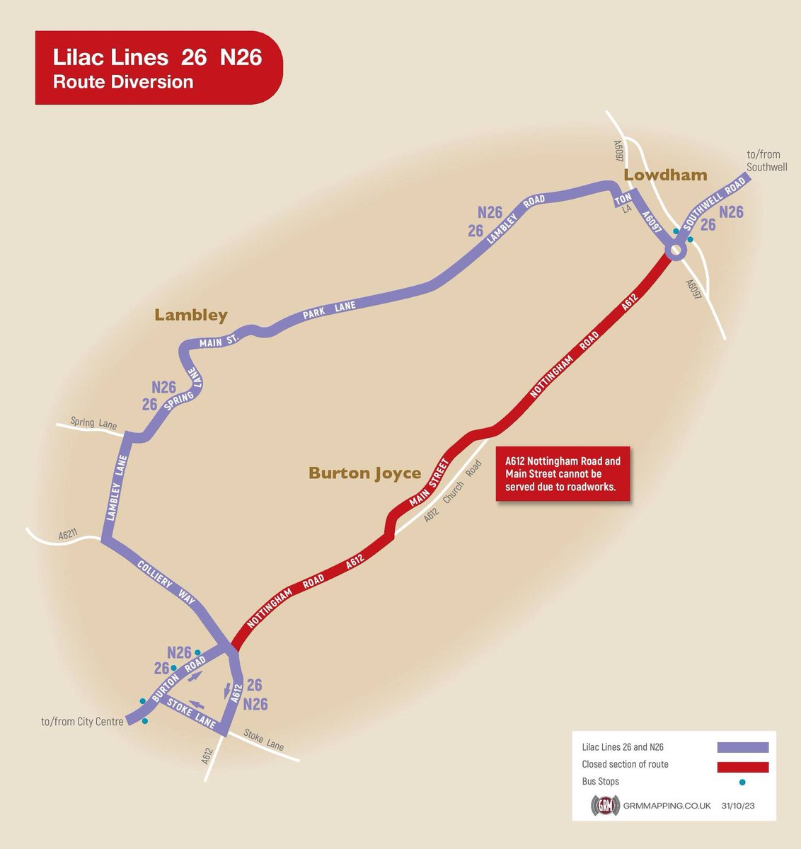 The A612 (Nottingham Road) between Burton Joyce and Lowdham is closed overnight between 20:00 – 05:45 from 7th May – 19th May inclusive for resurfacing works. Pathfinder 26 diverts through Lambley, with no evening service to Burton Joyce. Info: nctx.co.uk/service-updates