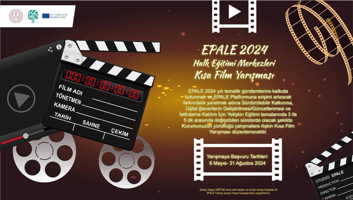 EPALE Projesi kapsamında, EPALE Platformu'na erişimi artırarak farkındalık oluşturmak amacıyla Halk Eğitimi Merkezlerinin yürüttüğü çalışmaları içeren "Kısa Film Yarışması" düzenlenecektir.

Detaylı bilgiye hbogm.meb.gov.tr/www/epale-2024… sayfasından ulaşabilirsiniz.