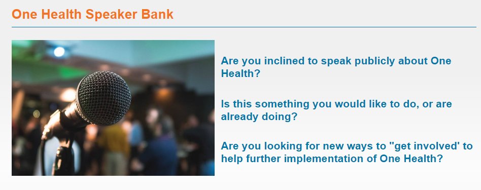 Did you know that the One Health Commission (@OneHealthCom) hosts a One Health Speaker Bank? They invite One Health leaders from around the world to join. Submit yourself as a potential speaker or access the existing Speaker Bank here: tinyurl.com/44hn4vf9