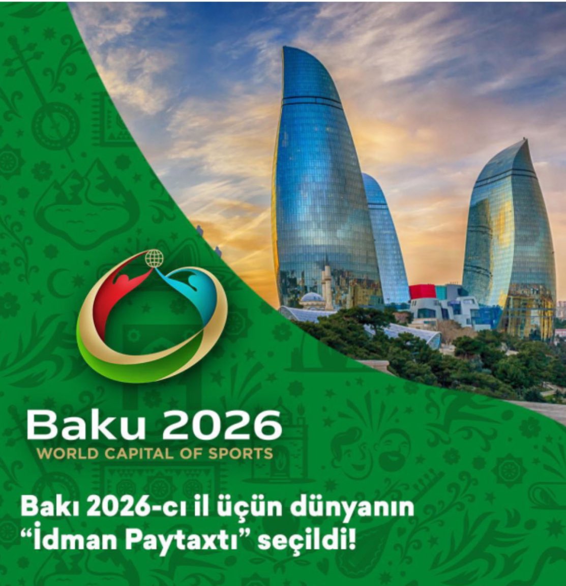 Ville de Bakou ,capitale 🇦🇿à été élue,«Capitale mondiale du sport 2026»,par la Fédération des villes et capitales européennes du sport.