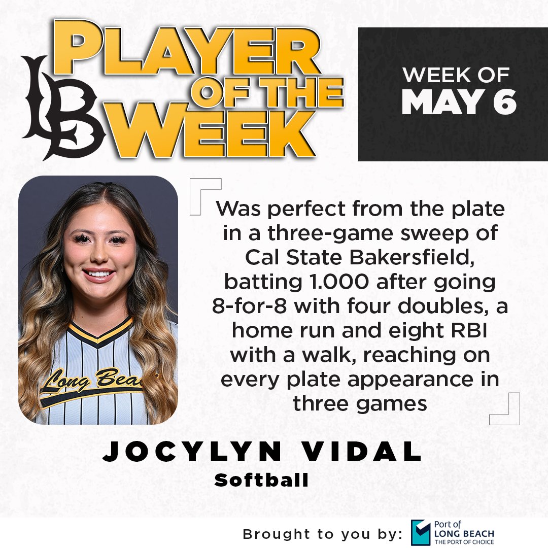 Jocylyn Vidal is our Player of the Week, presented by @portoflongbeach! The @LBSUSoftball senior was a perfect 8-for-8 from the plate last week, with a slash line of 1.000/1.000/1.875 after hitting a home run, four doubles and three singles with a walk. #GoBeach