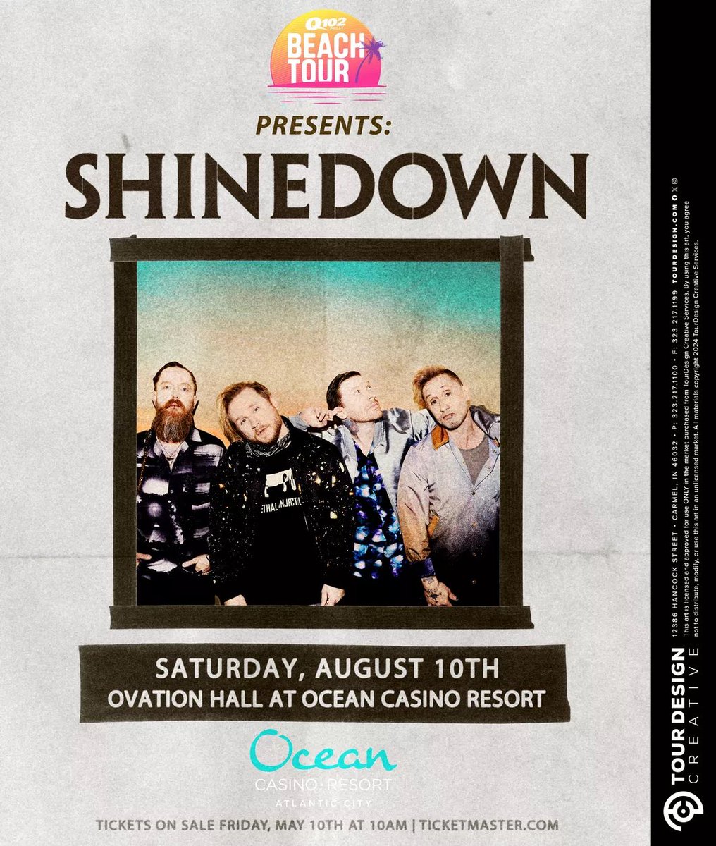 🏖️Q102 Beach Tour Presents: @shinedown on Saturday, August 10th at @TheOceanAC’s Ovation Hall in Atlantic City, NJ! Tickets On Sale: Friday May 10th at 10a