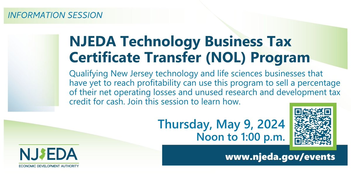 The NJEDA is hosting an informational webinar on Thursday at 12PM on the 2024 Technology Business Tax Certificate Transfer program, commonly known as the Net Operating Loss (NOL) program. Click here to register: njeda.zoom.us/webinar/regist…
