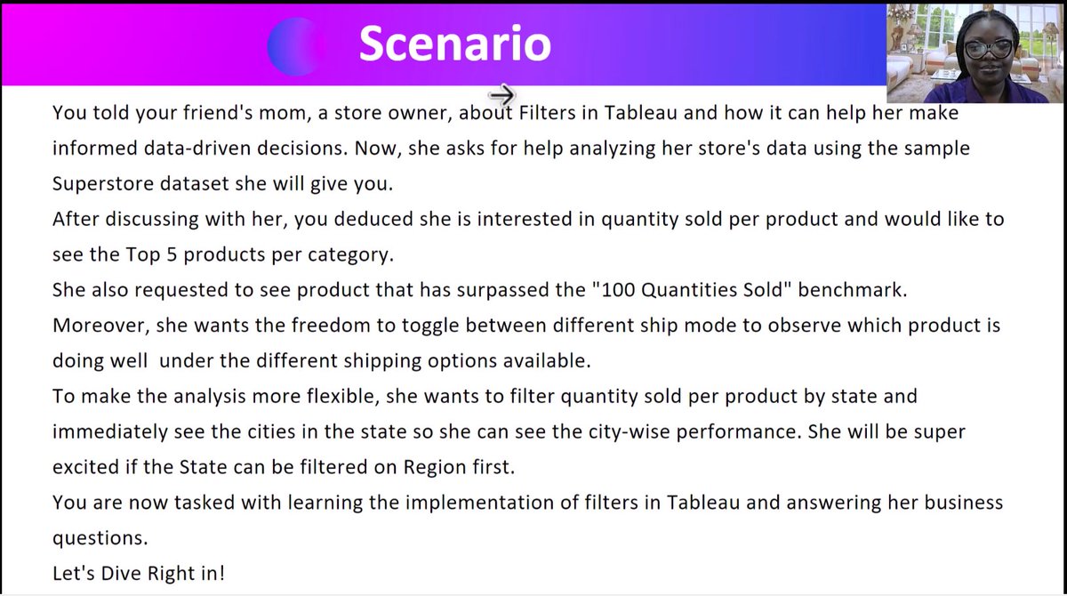 Ever tried scenario-based teaching?

I recently incorporated it using Filters in Tableau , and my students loved it! 
It immerses them in a virtual reality where they act as active data analysts.

What are your thoughts on it?

#Datafam #DataViz #DataAnalyst #DAInstructor