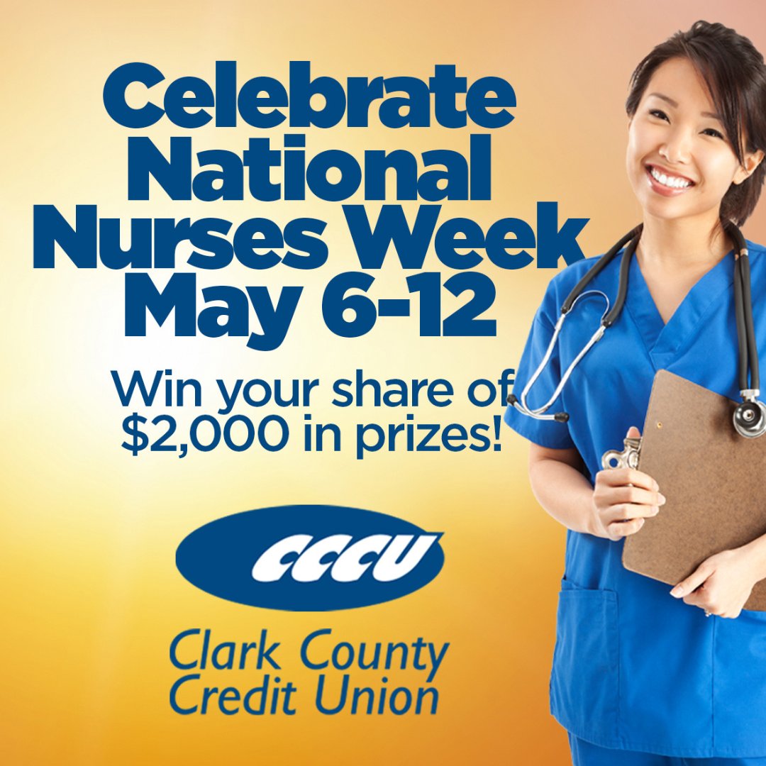 Happy National Nurses Week! CCCU is celebrating our local nurses by hosting giveaways. If you are a Clark County nurse or nursing student, enter our drawing between now and May 12th: bit.ly/3L7Vn1B.

#NationalNursesWeek #NursesWeek #Giveaway #Community #CCCUNursesWeek