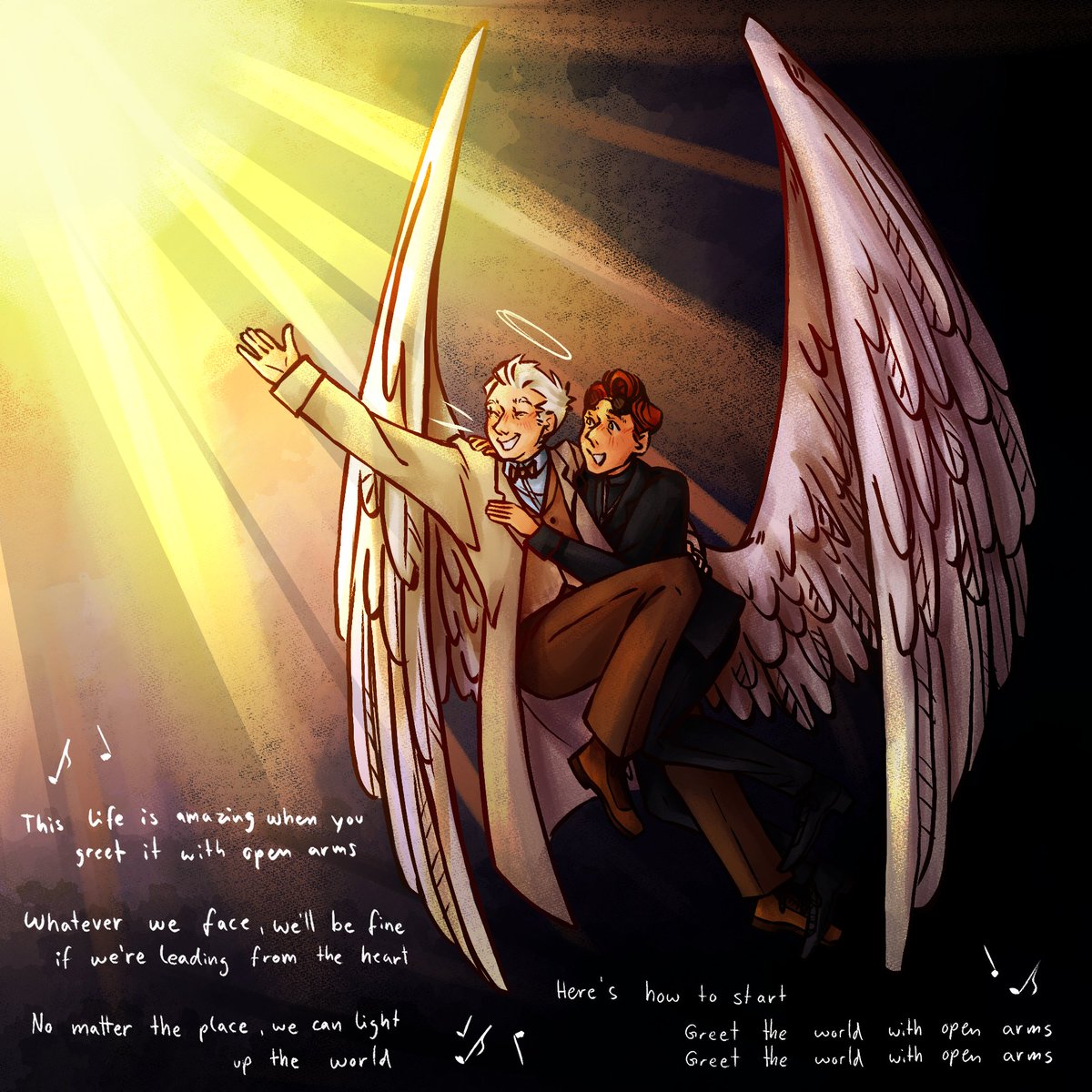 Got inspired by a song :D
(Open Arms from Epic the musical)
#goodomens #aziracrow