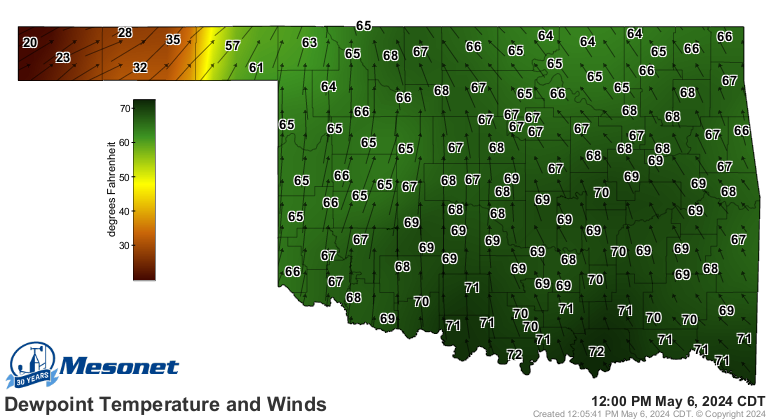 okmesonet's tweet photo. the dry line shows up loud and clear in Mesonet dew point maps and as of Noon is currently in the eastern portion of the Oklahoma Panhandle. Please continue to have multiple ways to receive critical weather information today. #okwx #okmesonet https://t.co/JnNtwuIeRp