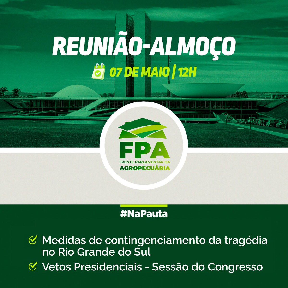 A Frente Parlamentar da Agropecuária (FPA) se reúne nesta terça-feira (7) para trabalhar ações de mitigação do impacto da tragédia no Rio Grande do Sul. A ideia é organizar doações e agir junto ao Legislativo e Executivo para auxiliar as famílias atingidas.