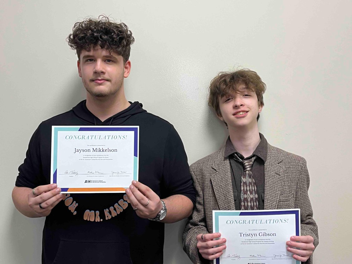 Congratulations to Tristyn Gibson (Creative Writing) and Jayson Mikkelson (Music) on their acceptance to the South Carolina Governor’s School for the Arts and Humanities! Extremely proud of these Bearcats! Go Bearcats!!