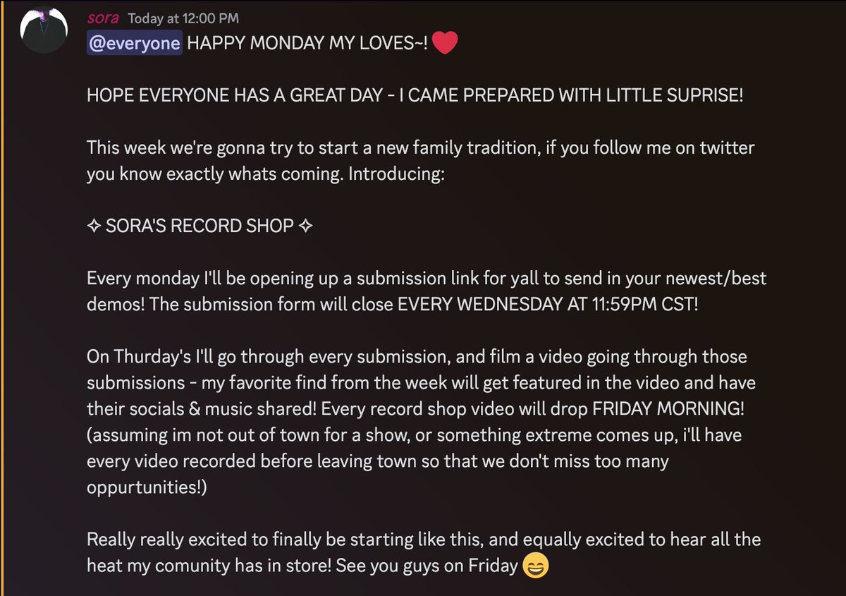 OKAY MY LOVES! THE TIME HAS FINALLY COME ~ SORA'S RECORD SHOP LAUNCHES THIS WEEK! FORM IS LIVE IN MY DISCORD SERVER NOW - LINK BELOW <3 BETTER SEE ALL YOU GENIUSES SUBMIT!