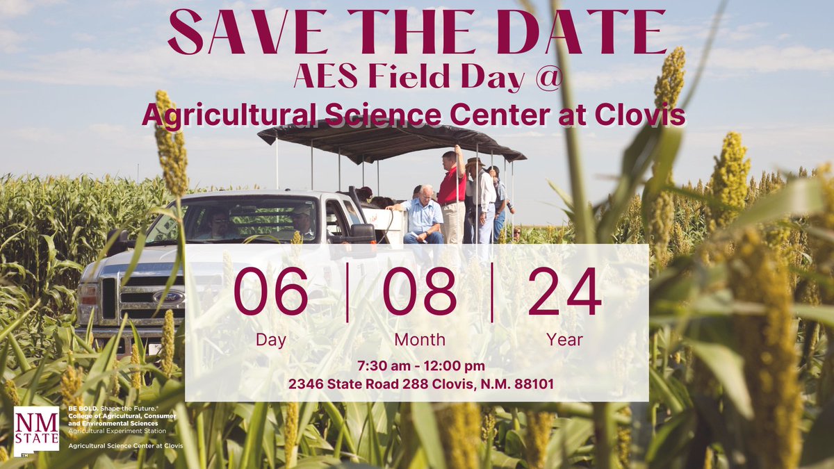 Mark your calendars! The Clovis Agricultural Science Center will be hosting its Annual Field Day on August 6th. Join us from 7:30 am - 12:00 pm to learn about the current research projects happening at the Center. Event details to follow. #fieldday #sciencecenter #nmsuaggies #AES