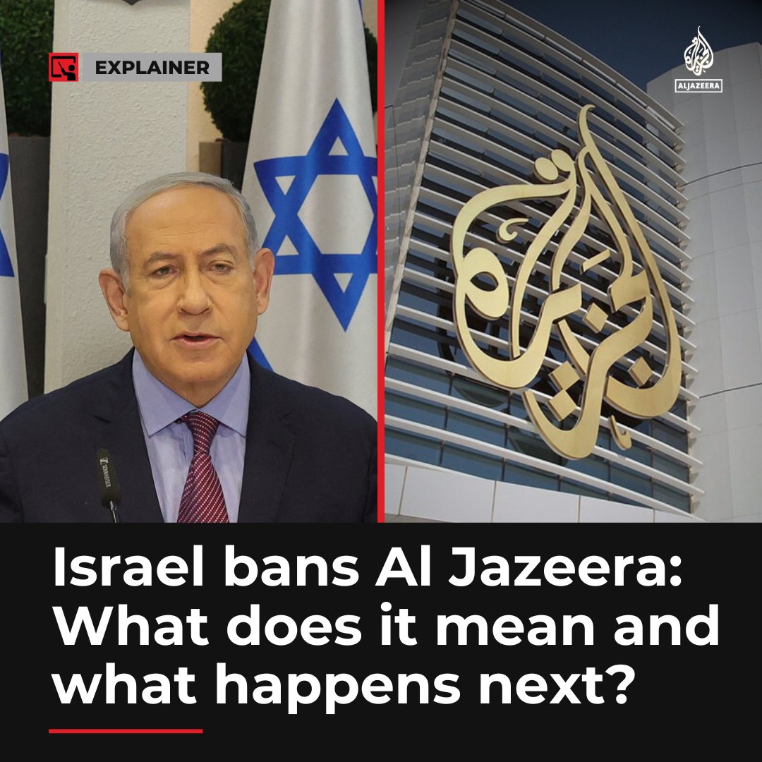 Israel's gov't has closed Al Jazeera Media Network's operations in the state, closing offices and banning broadcasts. Here's what you need to know about the ban, and how it might affect reporting on the war on Gaza — and beyond aje.io/82uq90