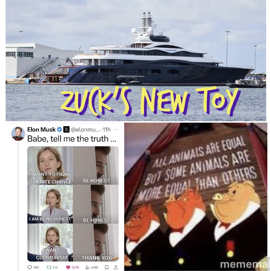 Facebook founder and cLiMaTe cHaNgE activist Mark Zuckerberg just bought a brand new mega yacht, it’s moored off the coast of Florida.  It only consumes 20-50 gallons of fuel per hour 😂🤣.
#ClimateCrisis 
#ClimateEmergency 
#VoteBlueToSaveDemocracy 
#VoteBlueToStopTheStupid
