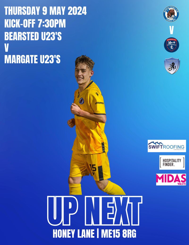 Up next for the u23’s Margate at home on Thursday, Kick-off 7.30pm #bearstedfc #bears