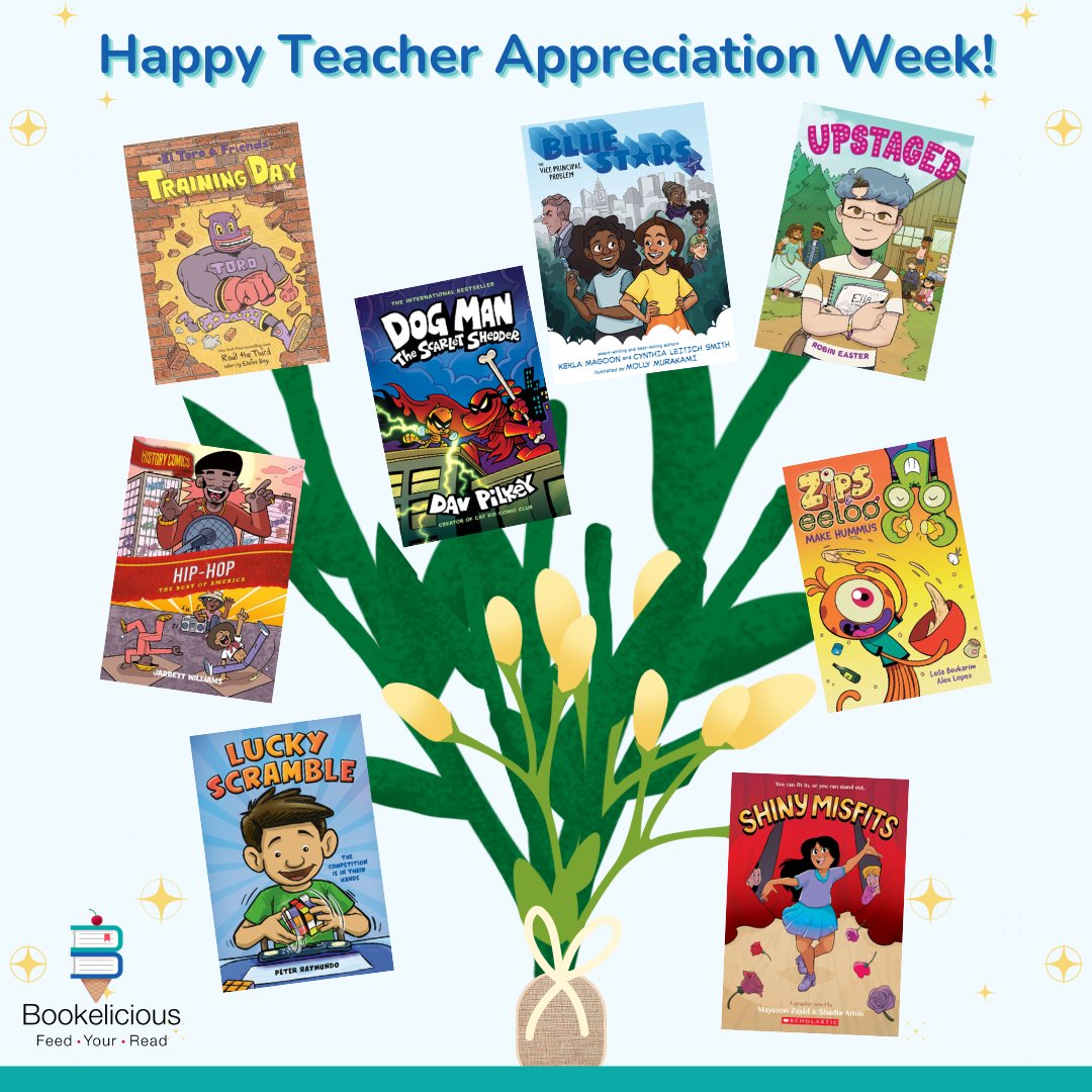 Happy #TeacherAppreciationWeek! ✅this giveaway from @Bookelicious! -- We’re giving away a BOUQUET OF BOOKS (8️⃣ 2024 #graphicnovels) to 1 lucky teacher + $25 gift cards to 3 others! Enter here: forms.gle/KEqhcxScfZksAa… 1 ENTRY PER PERSON (U.S. ONLY) CLOSES SUNDAY 5/12 @ 11:59p PT