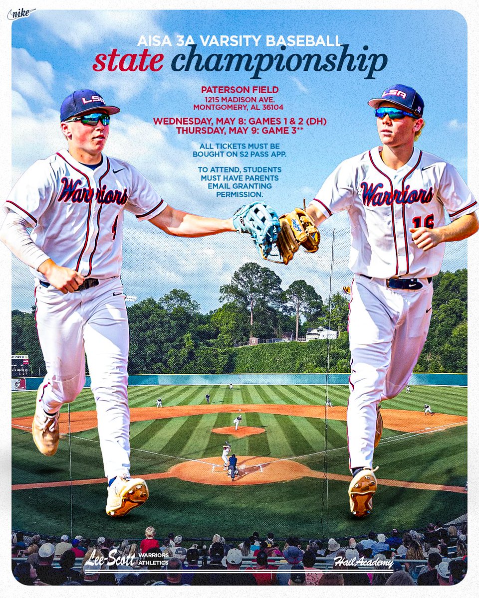 The Warriors' varsity baseball team is set to take on ❌lenwood in the AISA 3A State Championship on Wednesday! Ahead of the series, please read for important information about ticketing and attendance: #HailAcademy🍢