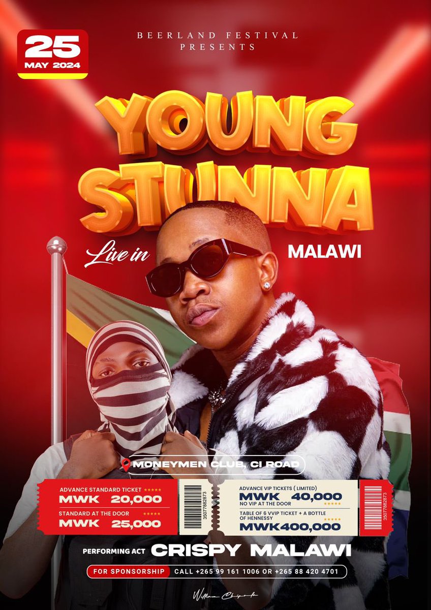 Abale ali mkati kukatrappitsa Piano boys pa 25 May!

#BeerlandYoungStunna 
#YoungStunnaLiveInMalawi 
#YoungStunnaMalawi