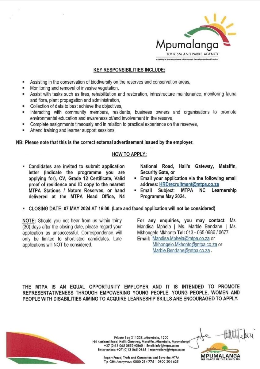 Learnership x100 posts

Mpumalanga Tourism and Parks Agency

Closing 7 May 2024