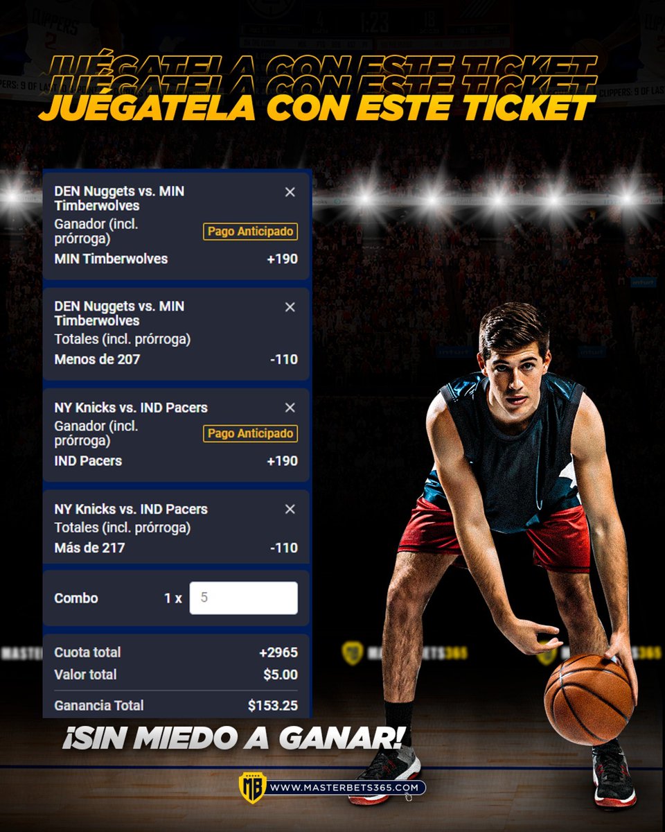 A ganar con el #MasterTicket 🏀 Minnesota- Baja y a ganar 🏀 Indiana – Alta y a ganar Apuesta $5 y gana $153,25 🤑 Empieza la semana facturando con el PAGO ANTICIPADO Regístrate y apuesta en MasterBets365 con el código: