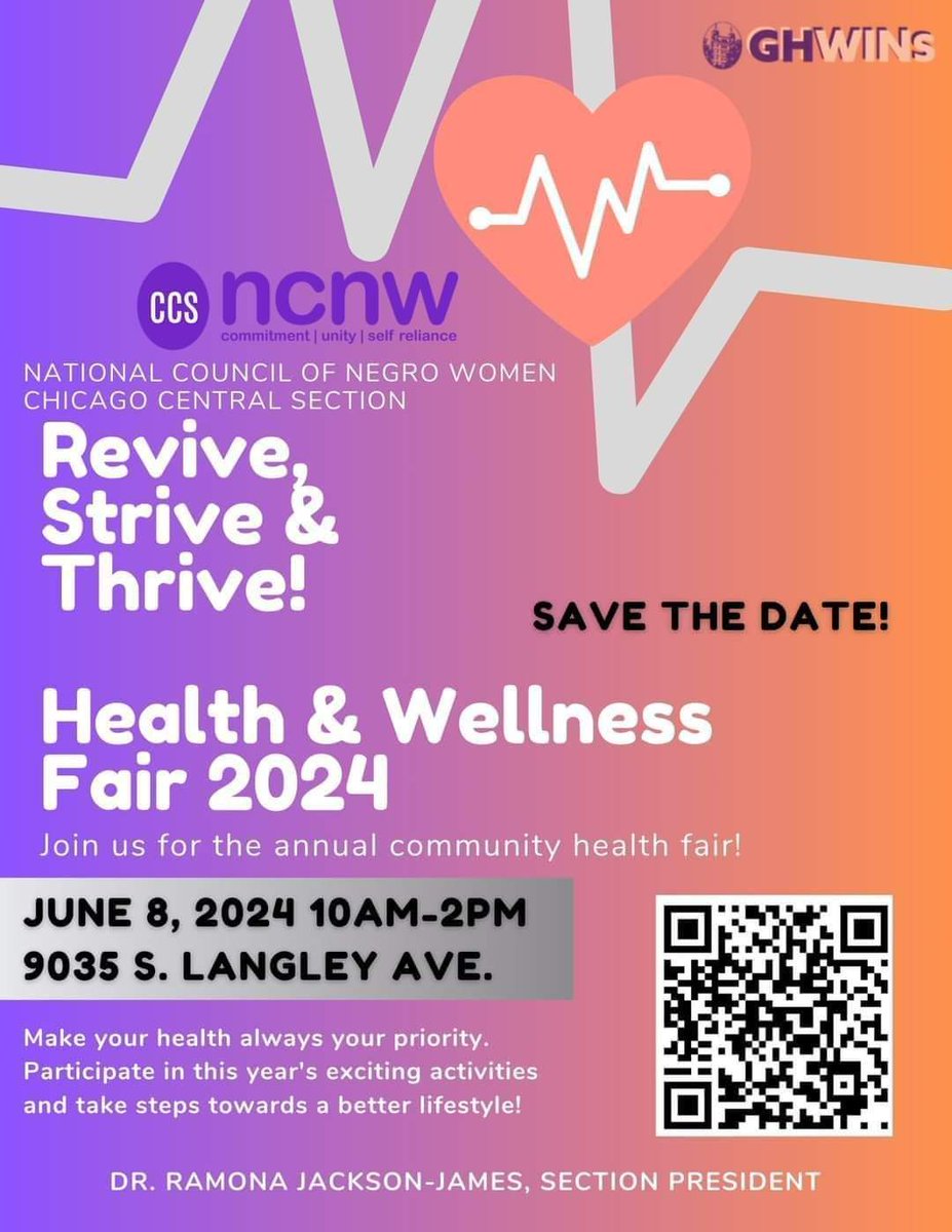 FREE COMMUNITY HEALTH FAIR!!!!!
NCNW Chicago Central Section is holding its annual community health fair on June 8, 2024. There will be free health screenings, fitness demonstrations, healthcare resources, giveaways, and so much more. Admission is FREE!
#NCNWStrong #NCNW #CCSNCNW