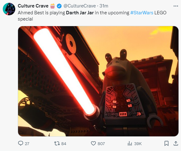 #DarthJarJar is trending on Twitter. #AhmedBest is doing the voice in a new #LEGO #StarWars special. Makes for a nice wink and a nod for a certain fan theory. #ThisIsTheMay #RevengeOfTheSixth #RevengeOfThe6th