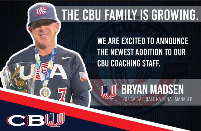 🚨COACHING ALERT🚨 thrilled 2 announce that @bryanmadsen23 has joined @CBU_FL . B-Mad is the 2024 12U @usabaseball NATIONAL TEAM MANAGER 🇺🇸 & will be moving 2 JAX in the summer of 2024 to work with CBU JAX, CBU National , and @EpiscopalEagles starting in the fall of 2024 💪🏻