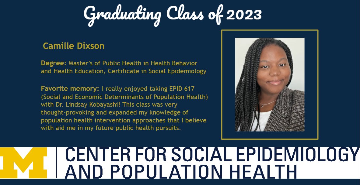 CSEPH (@um_cseph) on Twitter photo Congratulations to Camille Dixson, graduate of the Social Epidemiology Certificate Program! <a href="/CamilleDixson/">Camille Dixson</a> Congratulations to Camille Dixson, graduate of the Social Epidemiology Certificate Program! <a href="/CamilleDixson/">Camille Dixson</a>