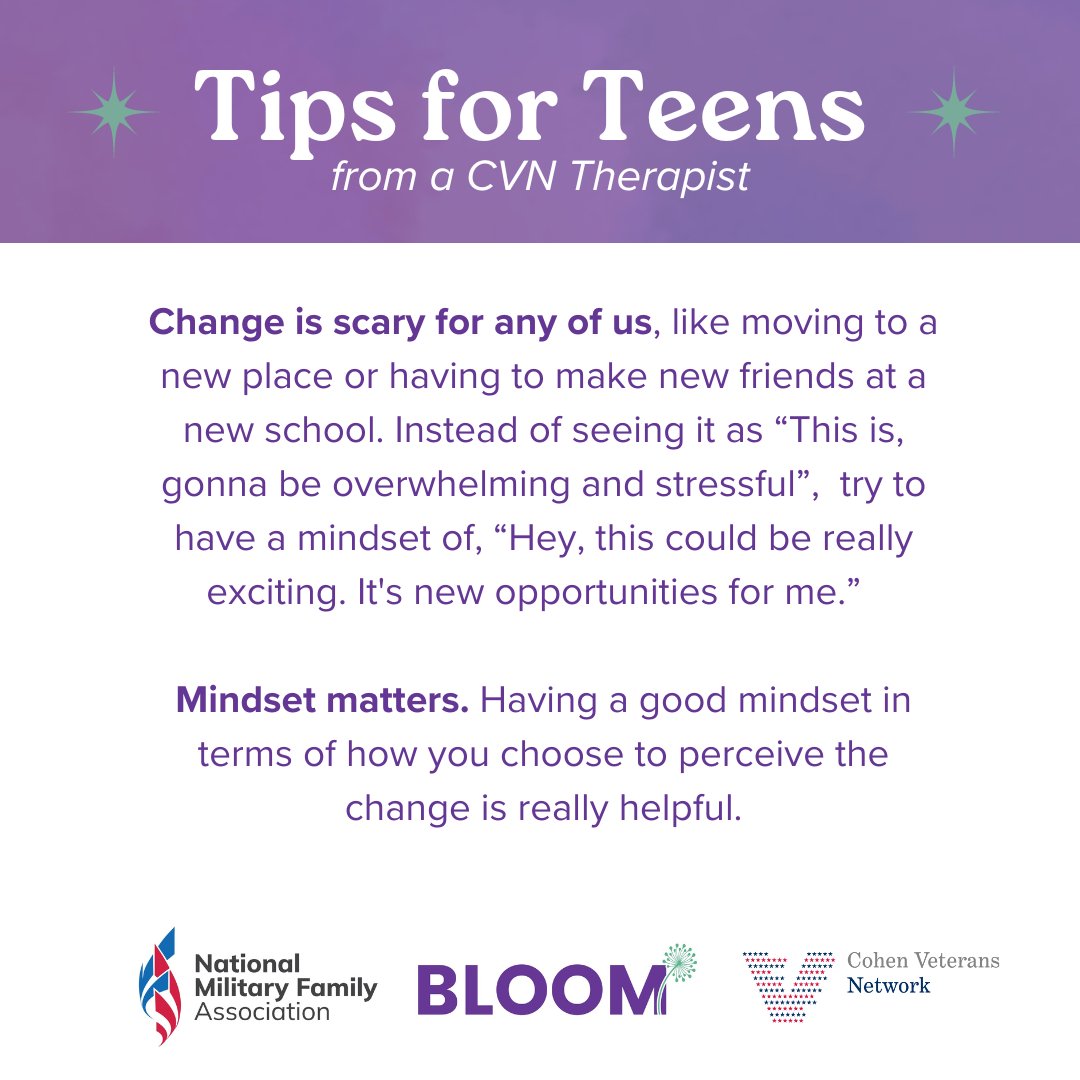 Military teens are no strangers to change! Today, @bloommilteens share challenges with changing schools and making new friends, and a @cohenveterans Therapist offers tips for teens going through transitions. @military_family + @bloommilteens