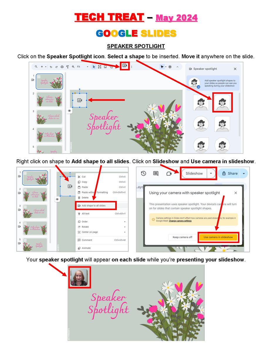 #TechTreatTip of the Month - MAY 2024 - Life is ROSY! #GoogleSlides has an awesome new SPEAKER SPOTLIGHT feature! #TechTreats Template: @SlidesManiaSM