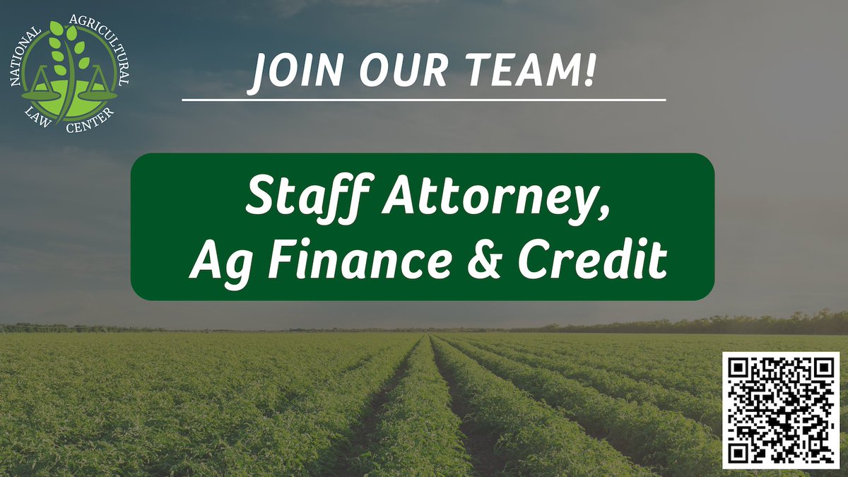 📢Come work with us!📢
We are seeking to hire a staff attorney, focused on ag #finance &amp; credit, to contribute to our mission as the nation's leading source of #aglaw and #foodlaw research and information. Position is based in Fayetteville, AR. Info/apply: bit.ly/nalcjobs