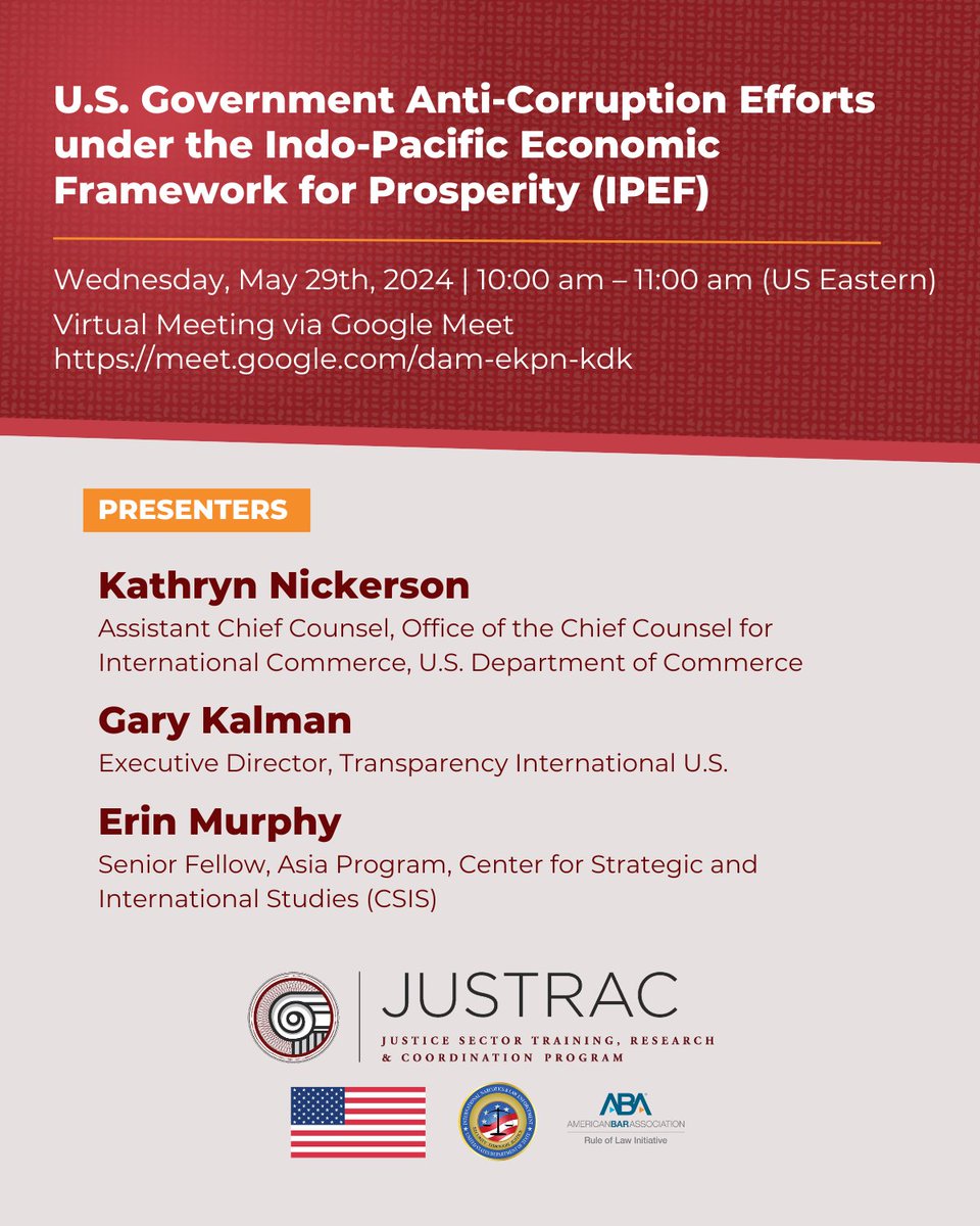 In May 2022, the U.S. launched the Indo-Pacific Economic Framework for Prosperity (IPEF) w/13 countries, representing 40% of global GDP & 28% of global goods and services trade.

Join us May 29 for the below event about anti-corruption efforts under IPEF➡️bit.ly/3UxUoOC