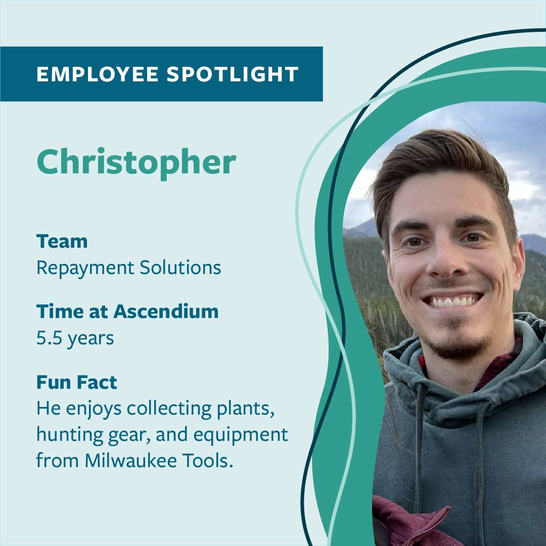 May’s #MeetTheTeam member is Christopher from our Repayment Solutions team. As a lead worker, he assists individuals within the team and works with borrowers to address concerns related to #StudentLoans. 

#FunFact: He has a trip to Canada planned for 2024.
#AscendiumEd