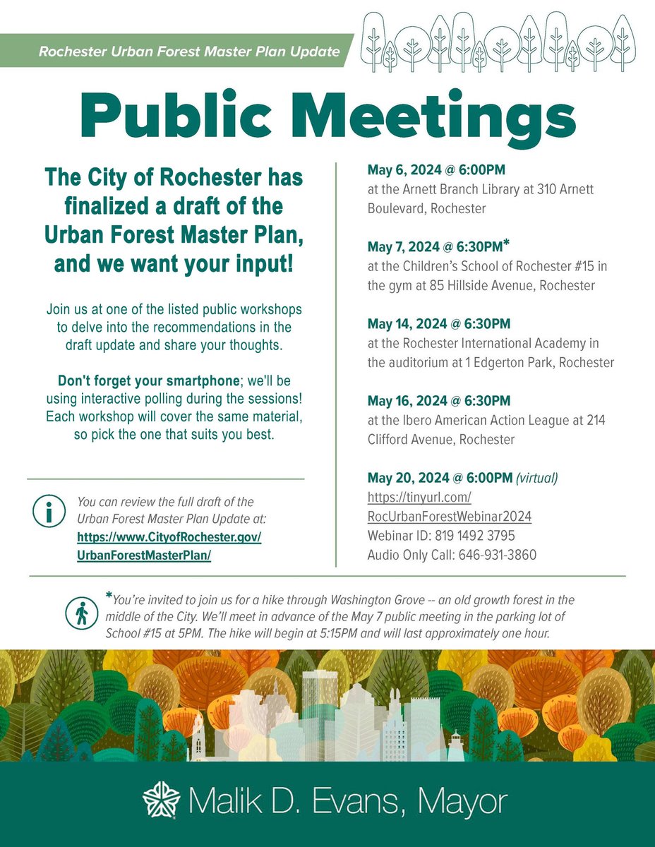 The City of Rochester has completed a draft of the City's Urban Forest Master Plan, and the project team wants to hear from you! The first public input session is tonight at 6 pm. You can review the full draft of the Urban Forest Master Plan Update at: CityofRochester.gov/UrbanForestMas…