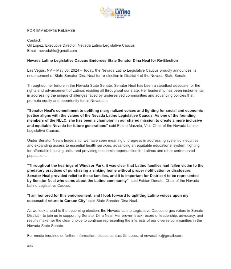 Exciting endorsement alert! The Nevada Latino Legislative Caucus stands with State Senator Dina Neal for her re-election in District 4! 🗳️ A champion for justice and community leader, Senator Neal is dedicated to advancing Latino voices in Nevada. #NVLeg #Nevada