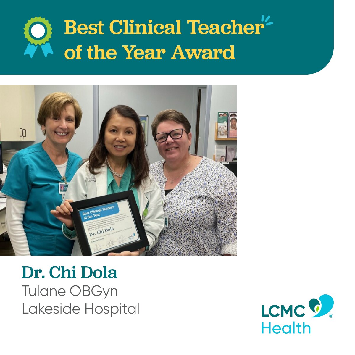 @EJHospital @LCMCHealth @RobinMcGoey @TulaneMedicine @TulaneCardio When asked for @LakesideLCMC’s 2023–2024 Best Clinical Teacher, residents & fellows enthusiastically replied. Congratulations, Dr. Dola! Your effective communication with patients, learners, & healthcare team members elevates the @LCMCHealth clinical learning environment! 🩺🏥🌟
