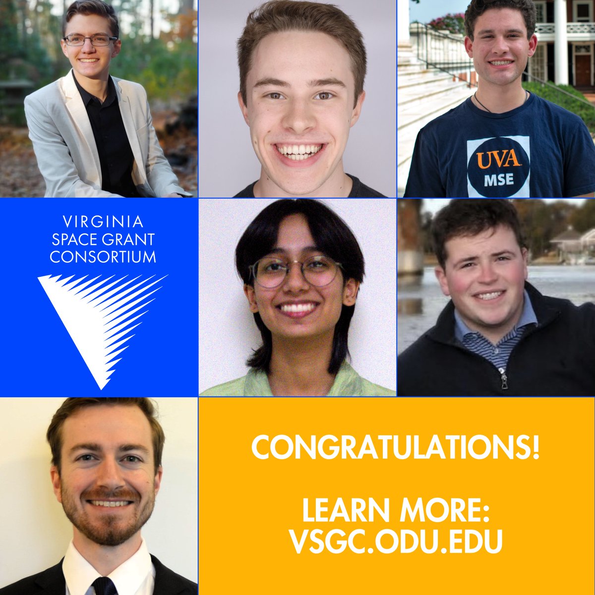 Congratulations to our newest VSGC Undergraduate STEM Research Scholarship recipients! These rising juniors and seniors received awards of up to $8,500 for their NASA and aerospace related research.