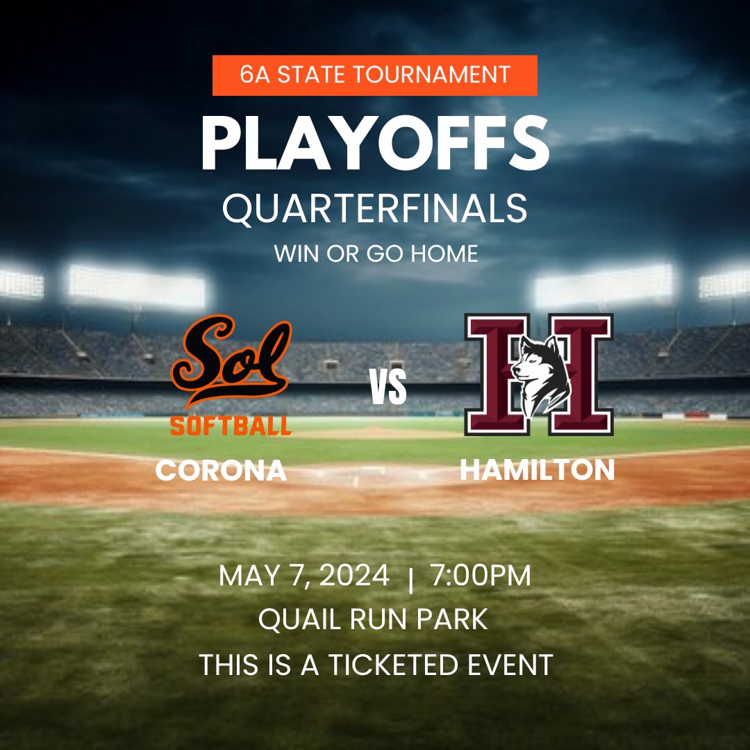 QUARTERFINALS. TOMORROW NIGHT. TUESDAY NIGHT LIGHTS. PLAYOFF SOFTBALL. 🥎🧡💛 Come out and support your Corona Aztecs as they continue their incredible playoff run tomorrow night against the Hamilton Huskies! BE THERE, BE LOUD. #WeArentDoneYet #LetsGo @CdS_Aztecs