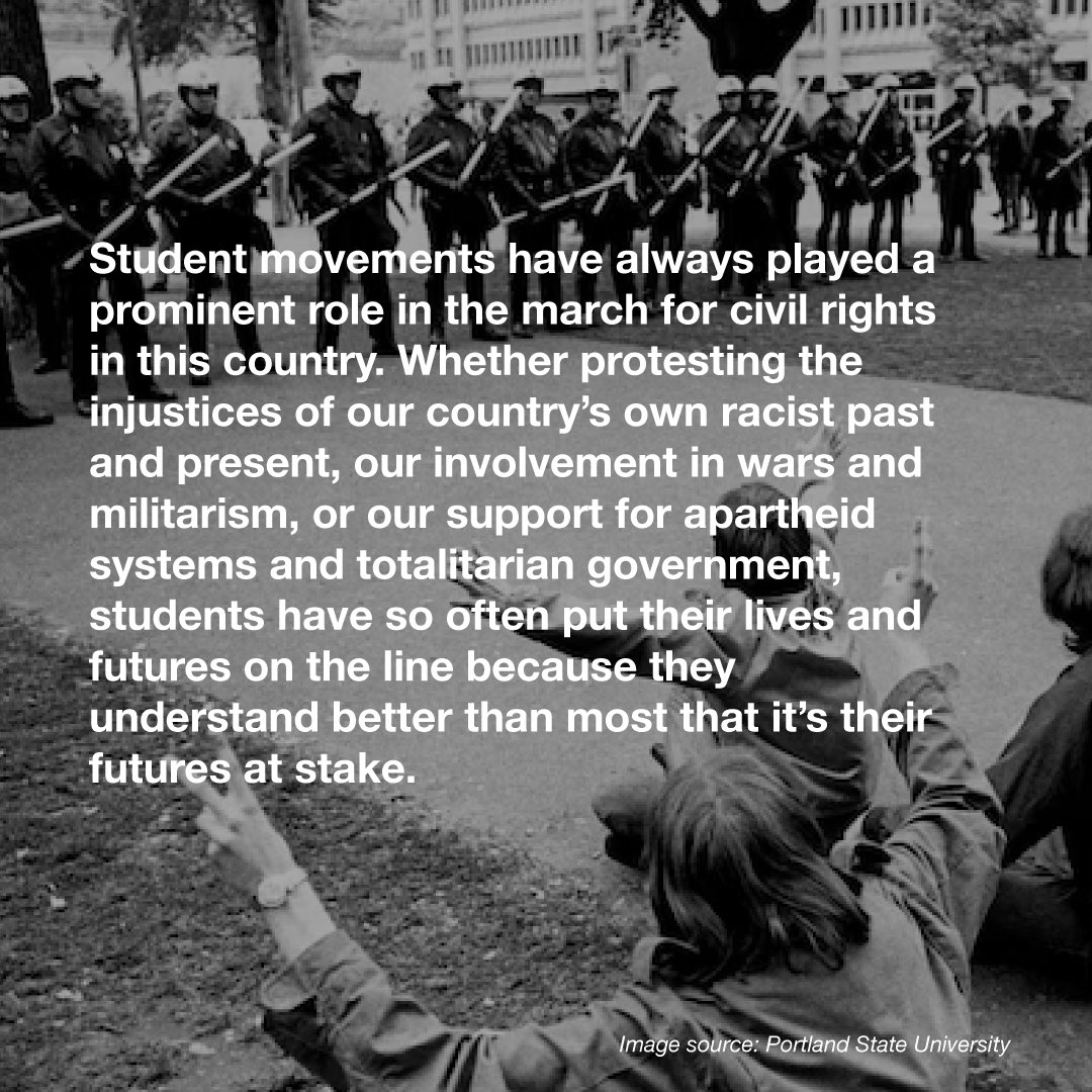 Time after time, students have put everything on the line to fight for a better future. Wielding police violence against protesters is a tool used by those who refuse to confront the realities in our country and around the world. Our leaders must advocate for peace & justice.