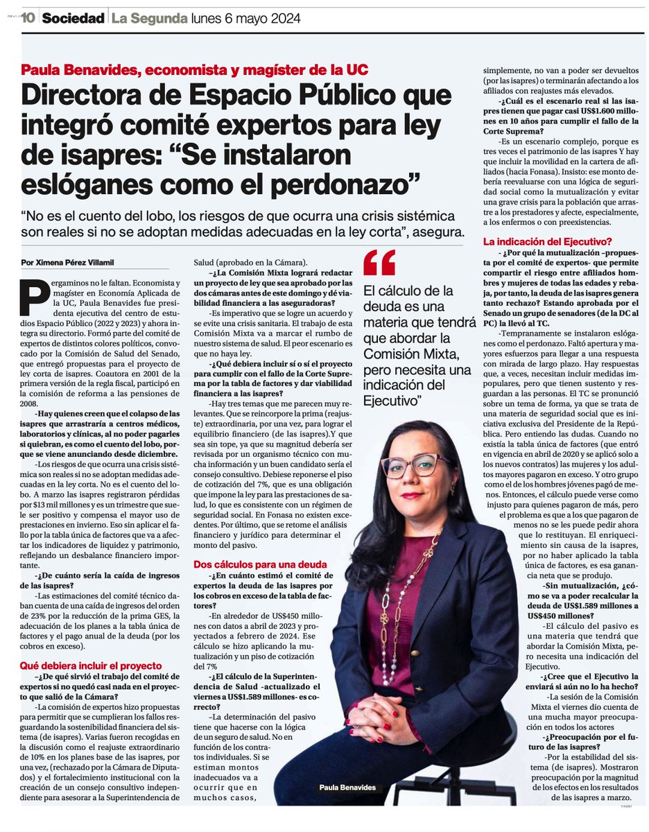 🗣️ #Isapres "Los riesgos de que ocurra una crisis sistémica son reales si no se adoptan medidas adecuadas en la ley corta", advierte nuestra directora #PaulaBenavides (<a href="/Pbspaulita/">Paula Benavides</a>) en conversación con <a href="/La_Segunda/">laSegunda</a>.

📌Lee la entrevista completa👇🏽