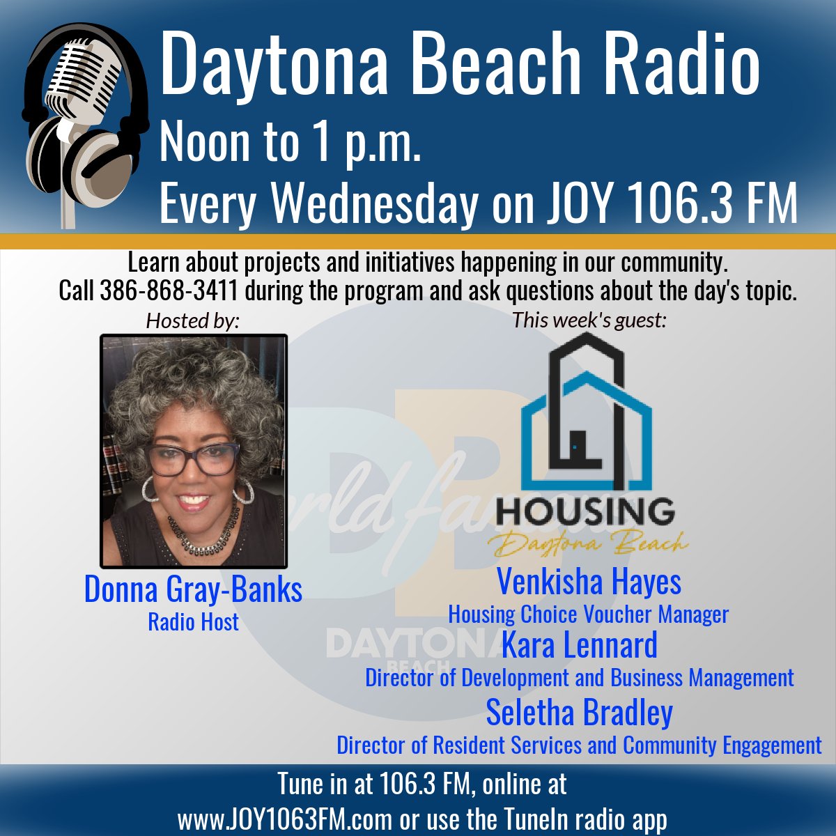Join us Wednesday at noon on #DaytonaBeachRadio for a discussion with the Daytona Beach Housing Authority about resources, housing and applications. Listeners can call in with questions or comments at (386) 868-3411. #CityDaytonaBeach #DaytonaBeachNews #BeInformed