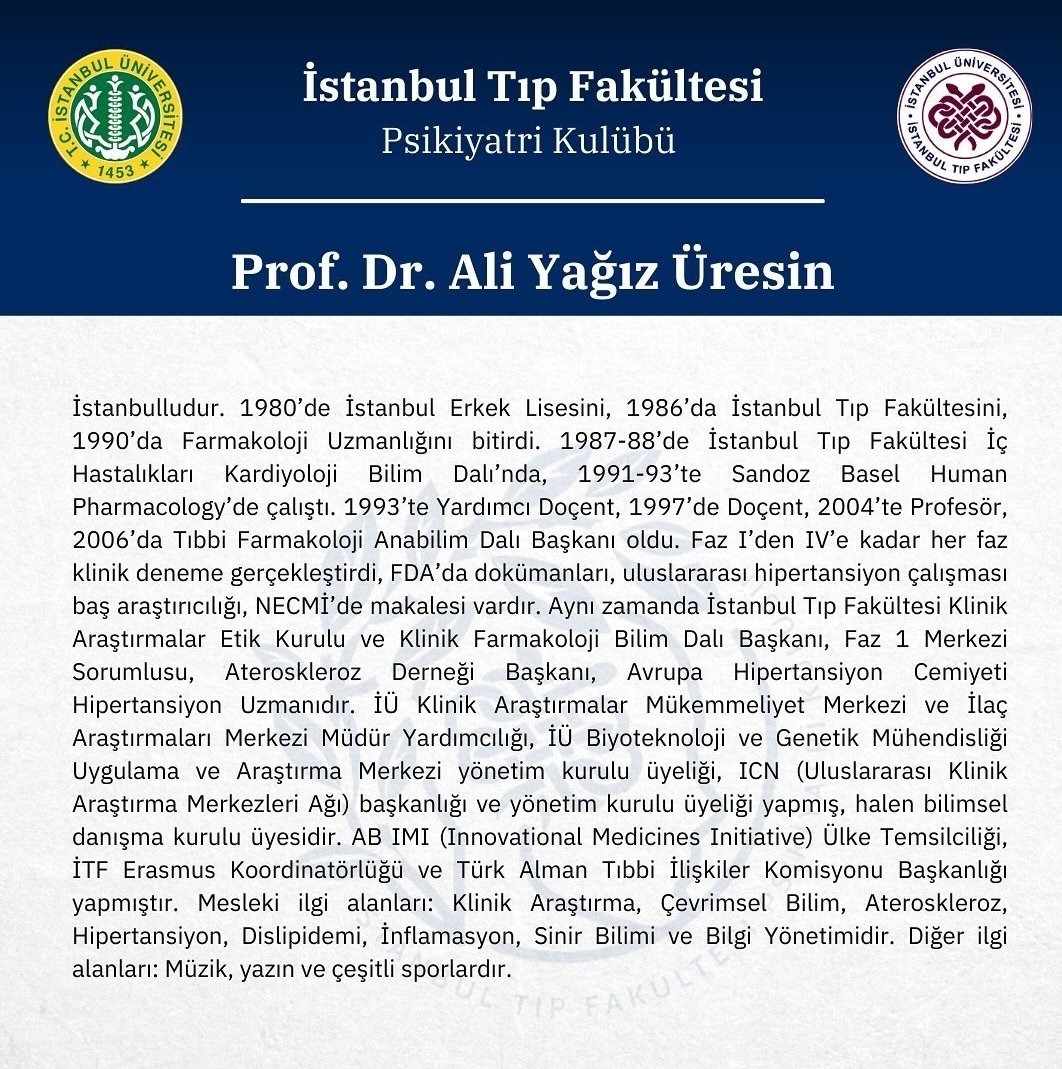 Değerli Doç. Dr. Neșe Direk Tecirli ve değerli Prof. Dr. Ali Yağız Üresin, "21. Yüzyılda Psikofarmakoloji" oturumu ile 11-12 Mayıs'taki 21. Yüzyılda Psikiyatri
Sempozyumu'nda bizimle beraber olacaklar.
Bu bilimsel yolculuğa online olarak katılmak için: docs.google.com/forms/d/e/1FAI…