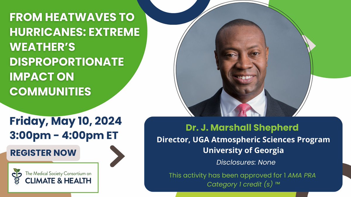 🌎 Webinar Alert 🌎 - Join us this Friday as @DrShepherd2013 discusses extreme weather's disproportionate impact on communities and how meteorologists and physicians can collaborate to address climate and health equity. Register here: bit.ly/3WpeP35