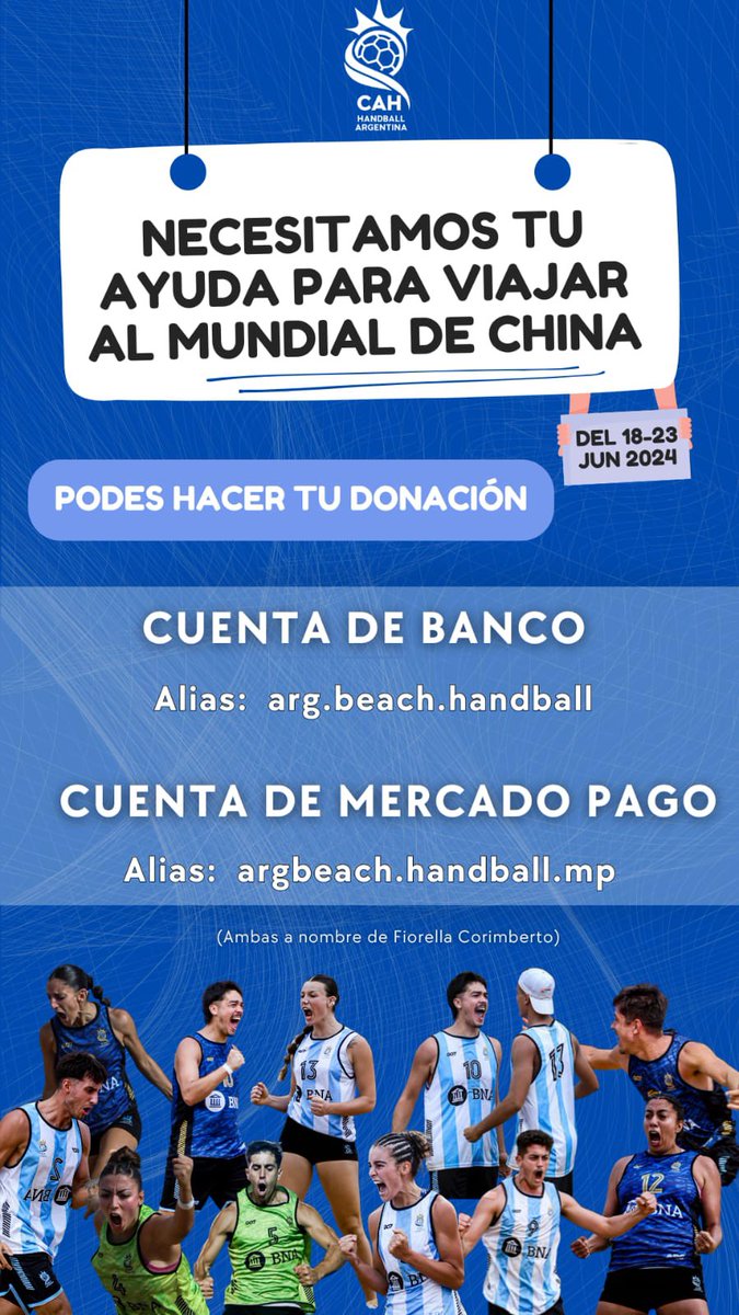 Seguimos con el sueño mundialista 🇦🇷 ayúdanos a viajar a china con una donación y difundiendo 🙌🏼🩵

@PasionHB @CAHandball @CAHandballARG @gonbonadeo1963 @octavojugadorhb @todonoticias @diarioDQ @canaldeportv @TyCSports @wqueijeiro