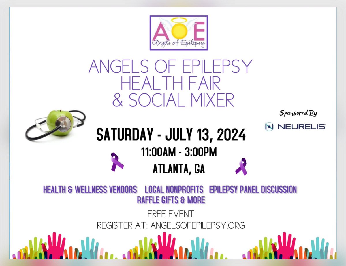 Join Angels of Epilepsy Health Fair & Social Mixer on Saturday, July 13th in #Atlanta, GA! Meet local health and wellness companies, nonprofit organizations, and enjoy our epilepsy panel discussion. 💜 Register here: eventbrite.com/e/angels-of-ep…