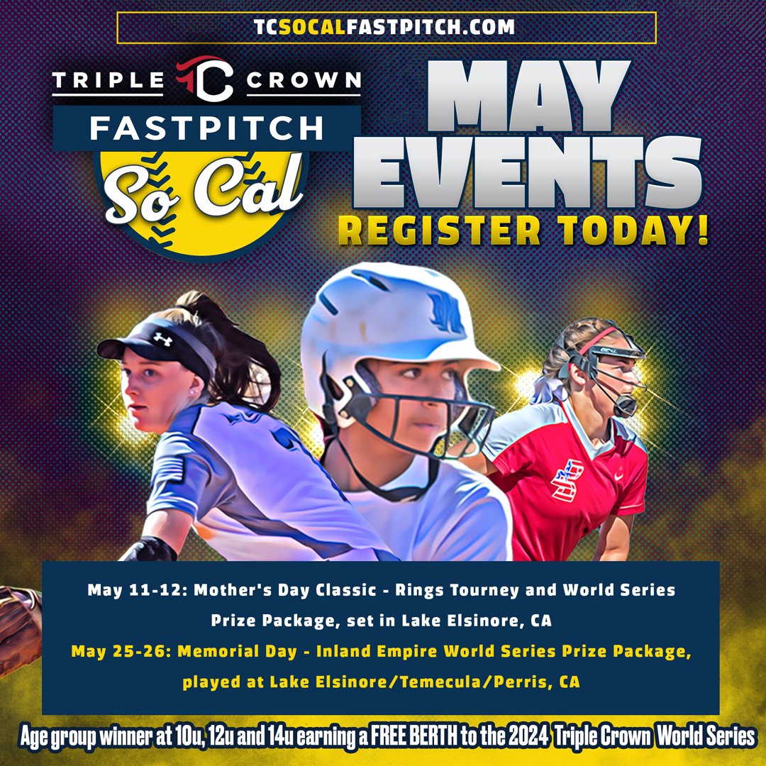 Powerful programs keep an eye on the offerings from TC SoCal softball. There are two special events on the docket for May 2024 with the age group winner sat 10u, 12u and 14u earning a FREE BERTH to the 2024 Triple Crown World Series! May 11-12: Mother's Day Classic - Lake