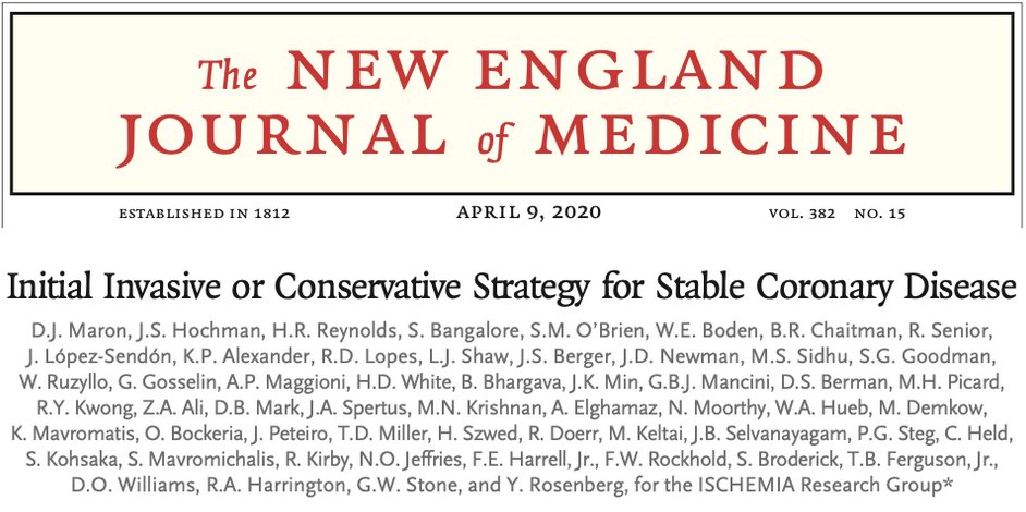 1/14 Welcome back to the #ACCTweetorialSeries! Today we'll review the ISCHEMIA trial comparing an initial invasive vs conservative strategy in patients with stable coronary disease and moderate-severe ischemia. #ACCMedStudent #JournalClub